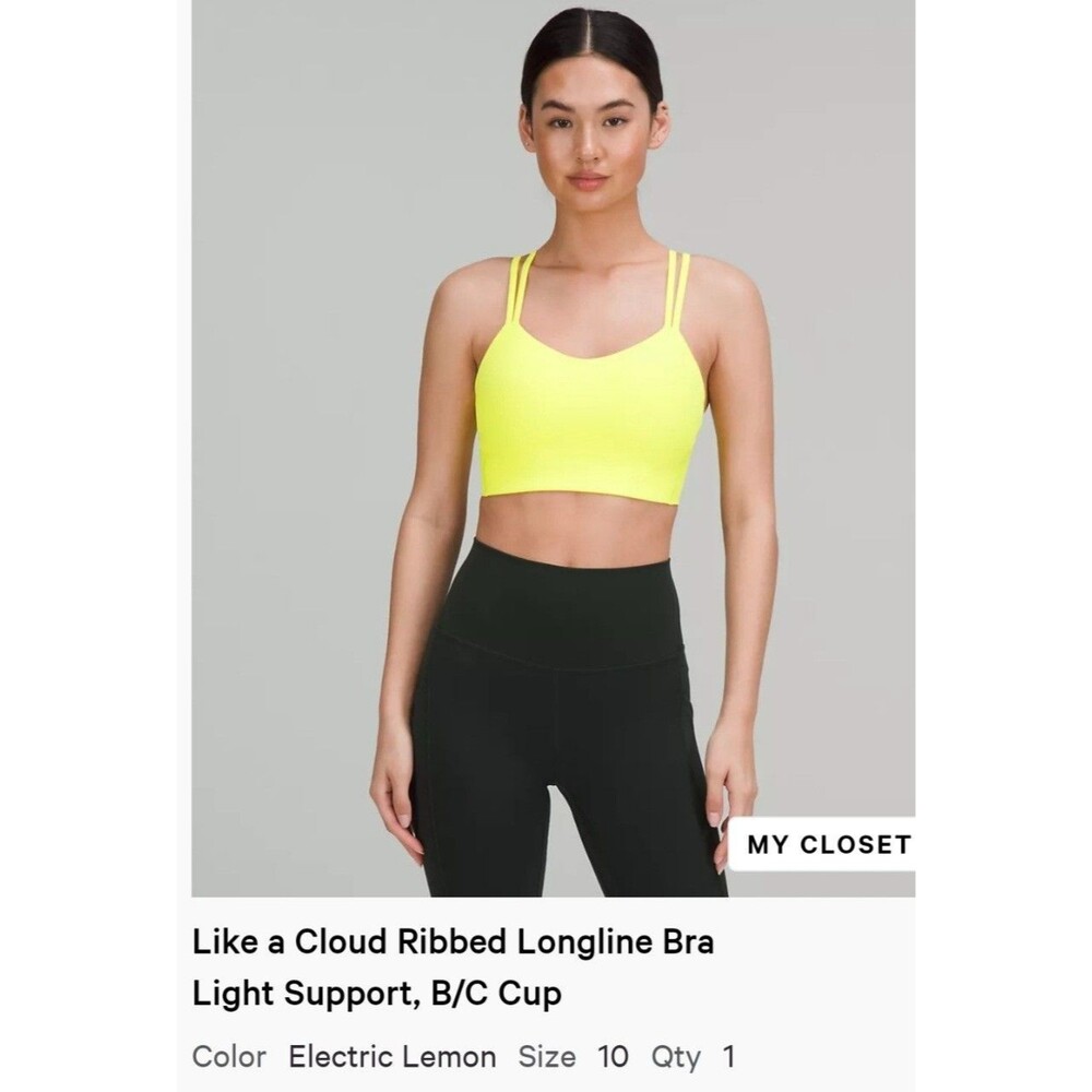 Lululemon like a cloud ribbed Longline Bra electric lemon bright neon size 10